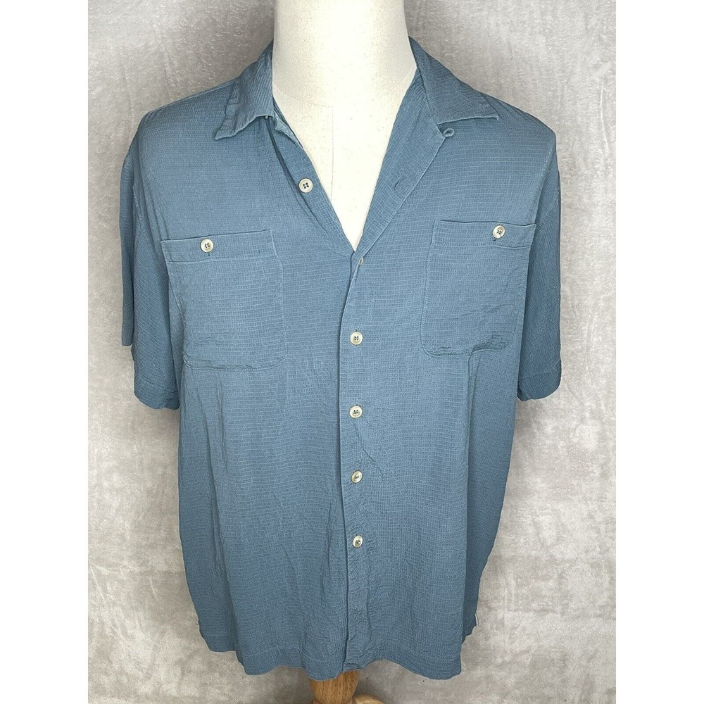 Poeta Moda Italy Mens Button Up Silk Blue Short Sleeve Shirt Sz Large